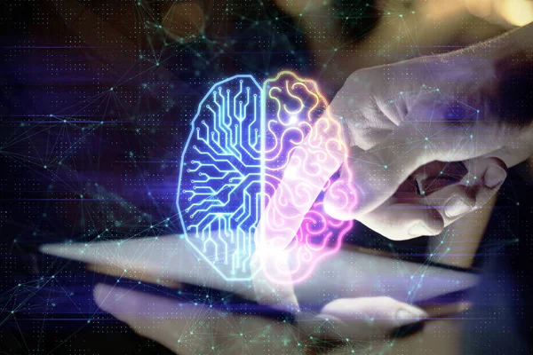 Double Exposure Man Hand Holding Using Digital Device Brain Hologram — Stock Photo, Image