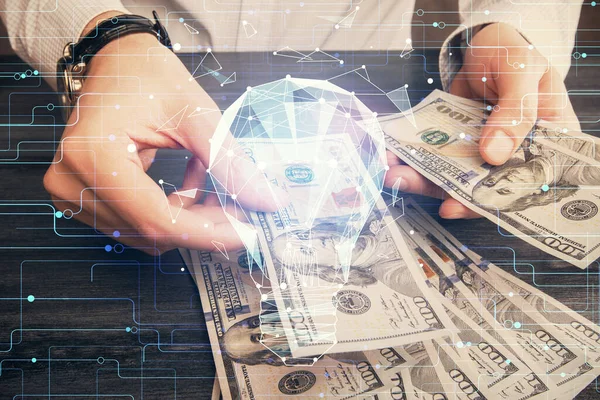 Multi Exponering Glödlampa Rita Hologram Och Usa Dollar Räkningar Och — Stockfoto