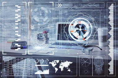 Veri teması çizimi ve ofis içi arka planına çoklu maruz kalma. Teknoloji kavramı.