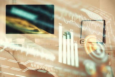 Teknoloji temalı çizimlere ve ofis içi arka planına çifte maruz kalma. Teknoloji konsepti.