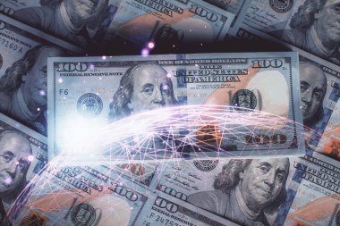 Sosyal ağların çoklu pozlanması bize dolar banknotları veriyor. İnsanlarla bağlantı kavramı.