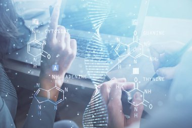 Double exposure of man and woman working together and DNA hologram drawing. Medical education concept. Computer background.