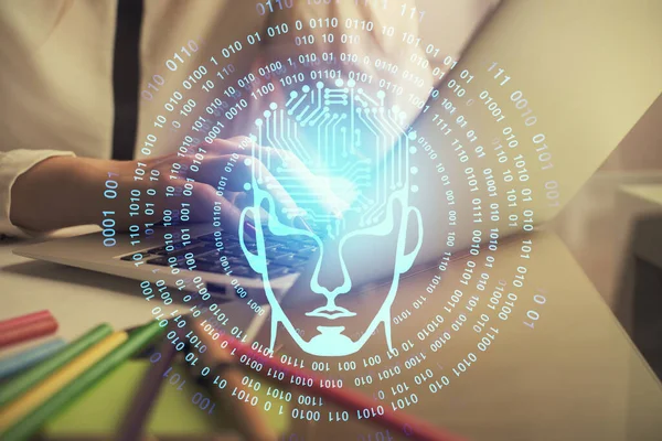 Bilgisayar Insan Beyin Hologramı Çizimleri Üzerinde Çalışan Kadın Ellerine Çok — Stok fotoğraf