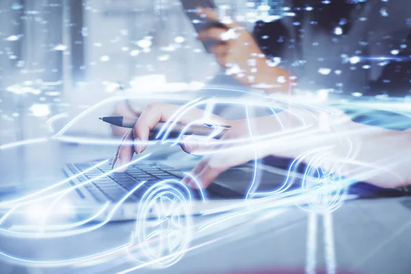 Double Exposure Woman Hands Typing Computer Automobile Theme Drawing High — Stock Photo, Image