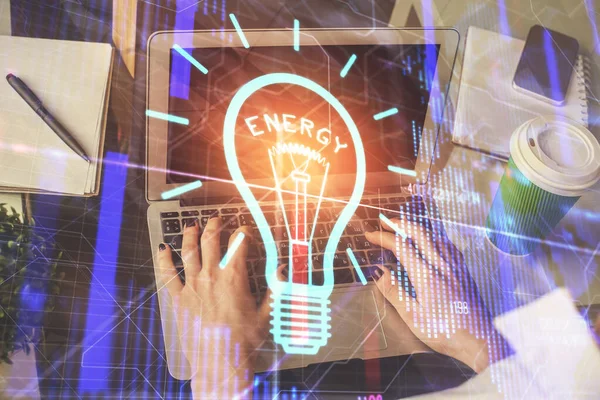 Double Exposure Woman Hands Typing Computer Light Bulb Drawing Idea — Stock Photo, Image