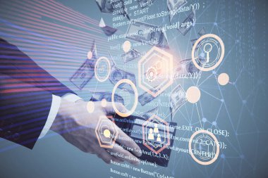 Teknolojiye çoklu maruz kalma hologram, dolar banknotları ve insan eli. Veri kavramı