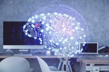 Beyin çizimine ve ofis içi arka planına çoklu maruz kalma. Veri teknolojisi kavramı.