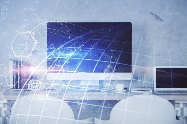 Dünya haritası çizimine ve ofis iç planına çoklu pozlama. Uluslararası ağ kavramı.