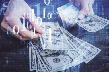 Teknolojiye çoklu maruz kalma hologram, dolar banknotları ve insan eli. Veri kavramı