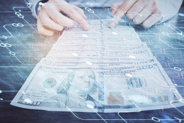 Double Exposure Technology Drawing Hologram Dollars Bills Man Hands Data — Stock Photo, Image