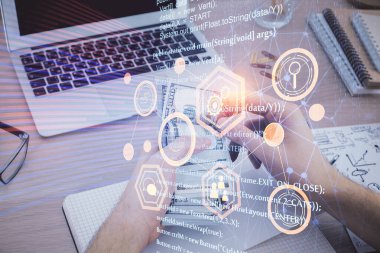 Teknolojiye çoklu maruz kalma hologram, dolar banknotları ve insan eli. Veri kavramı