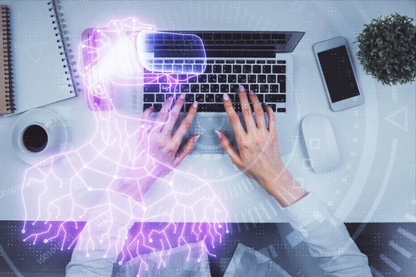 Dubbele Blootstelling Van Vrouw Handen Werken Computer Man Bril Hologram — Stockfoto