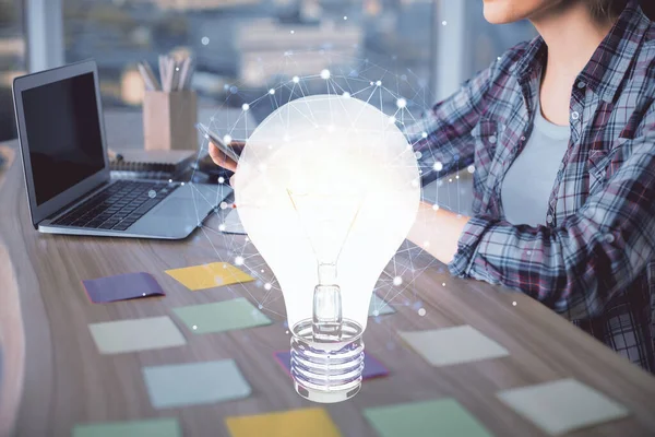 Double Exposure Woman Hands Typing Computer Light Bulb Drawing Idea — Stock Photo, Image