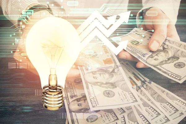 Multi Exponering Glödlampa Rita Hologram Och Usa Dollar Räkningar Och — Stockfoto