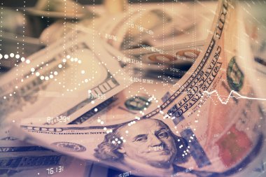 İki kez veri temasına maruz kalınca dolar banknotları arka planda kalıyor. Teknoloji konsepti.
