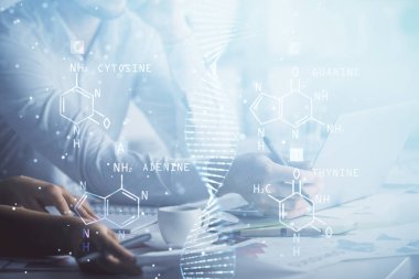 Double exposure of man and woman working together and DNA hologram drawing. Medical education concept. Computer background.