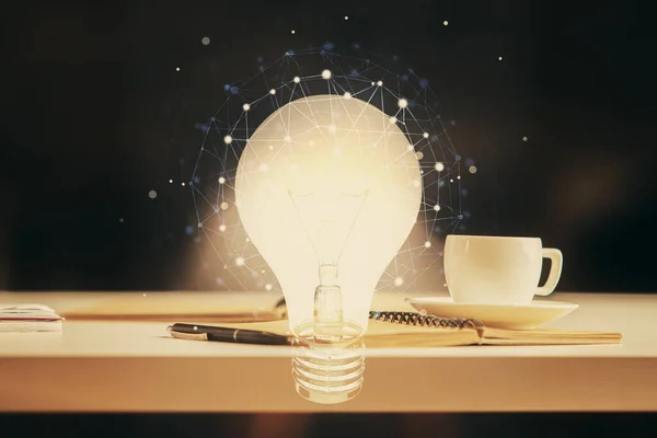 テーブルの背景にコーヒーやアイテムと電球の図面やデスクトップの二重露出 アイデアの概念 — ストック写真