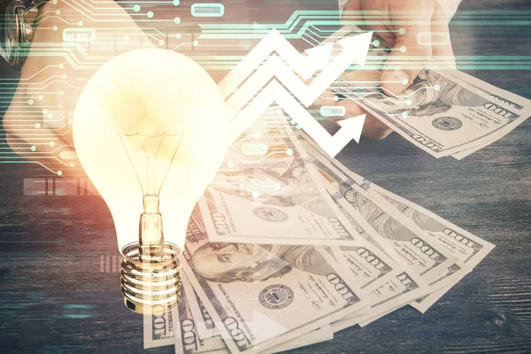 Multi Exponering Glödlampa Rita Hologram Och Usa Dollar Räkningar Och — Stockfoto