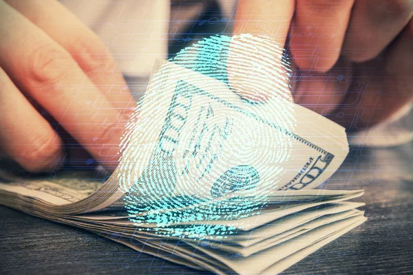 Multi Blootstelling Van Vingerafdruk Tekenen Hologram Amerikaanse Dollars Biljetten Man — Stockfoto