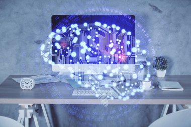 Beyin çizimine ve ofis içi arka planına çoklu maruz kalma. Veri teknolojisi kavramı.