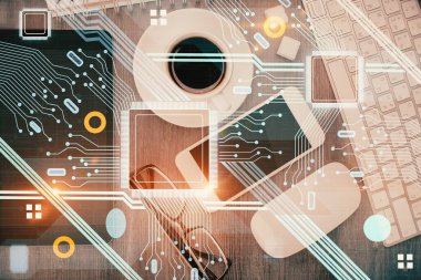 Çalışma masası üzerinde çoklu teknoloji temalı çizim. Üst Manzara. Küresel veri analiz kavramı.