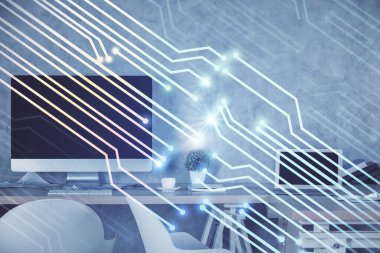 Veri teması çizimi ve ofis içi arka planına çoklu maruz kalma. Teknoloji kavramı.