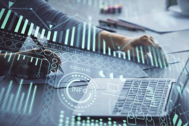 Bilgisayar ve teknoloji temalı çizimlerde kadın elinin çifte pozlanması. Yüksek Teknoloji kavramı.