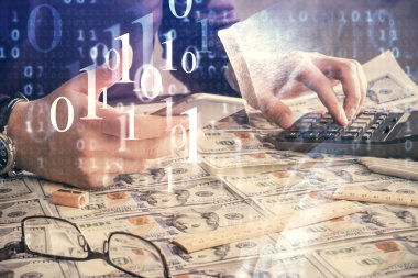 Dijital bir cihaz ve veri temalı çizim kullanan bir adamın el ele tutuşması. Yenilik kavramı.