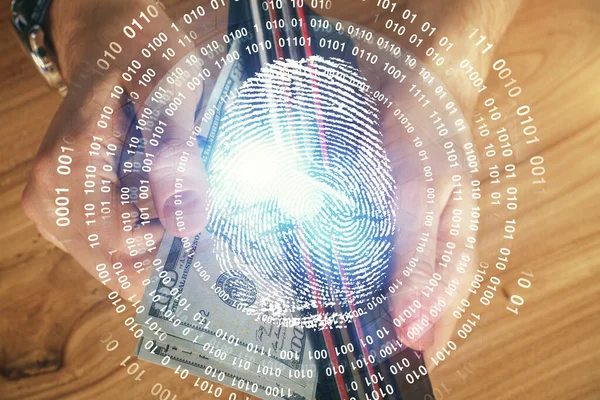 Mehrfachbelichtung Von Fingerabdrücken Mit Hologramm Und Dollarscheinen Und Menschenhänden Sicherheitskonzept — Stockfoto