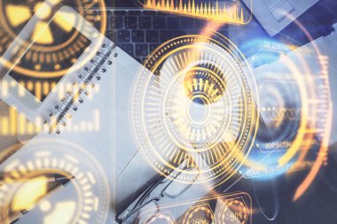 Teknoloji temalı çizimlerin çoklu pozu telefon ile masanın üzerinde. Üst Manzara. Yüksek teknoloji kavramı.