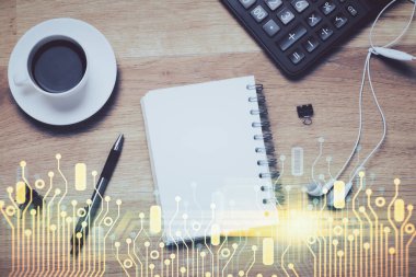 Veri teması çizimi ve ofis içi arka planına çifte maruz kalma. Teknoloji kavramı.