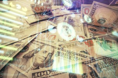 İki kez veri temasına maruz kalınca dolar banknotları arka planda kalıyor. Teknoloji konsepti.