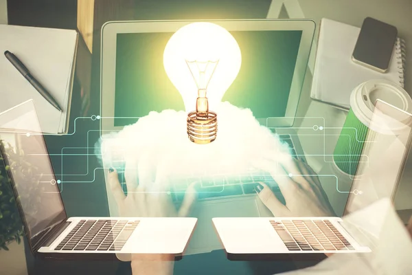 Double Exposure Woman Hands Typing Computer Light Bulb Drawing Idea — Stock Photo, Image