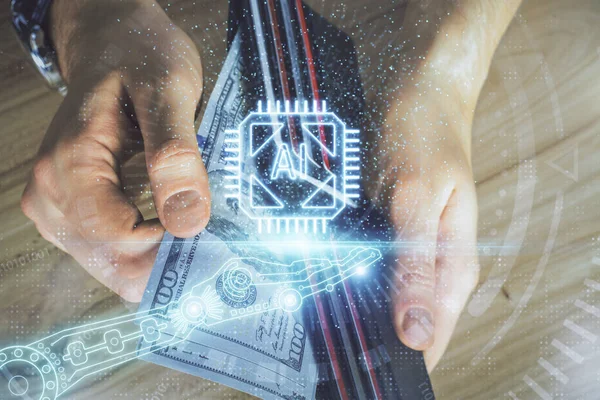 Doble Exposición Tecnología Dibujo Holograma Nosotros Billetes Dólares Manos Hombre —  Fotos de Stock