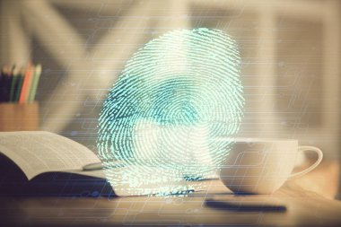 Masaüstünde kahve ve masa arkasında eşyalar olan parmak izi çizimlerine çift pozlama. Güvenlik kavramı.