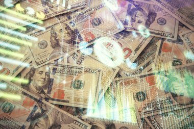 İki kez veri temasına maruz kalınca dolar banknotları arka planda kalıyor. Teknoloji konsepti.