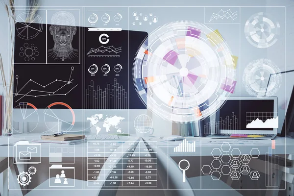 Doble Exposición Del Dibujo Del Tema Datos Fondo Interior Oficina —  Fotos de Stock
