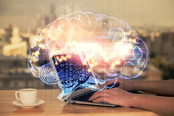 Wielokrotna Ekspozycja Kobiecych Dłoni Pracujących Nad Komputerowym Ludzkim Hologramem Mózgu — Zdjęcie stockowe