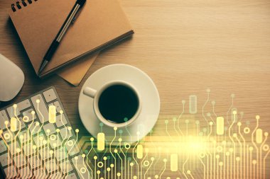 Veri teması çizimi ve ofis içi arka planına çifte maruz kalma. Teknoloji kavramı.