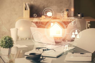 Kasabanın çizimlerine ve ofis iç dekorasyonuna çoklu maruz kalma. Akıllı şehir konsepti.