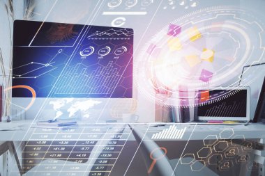 Veri teması çizimi ve ofis içi arka planına çifte maruz kalma. Teknoloji kavramı.