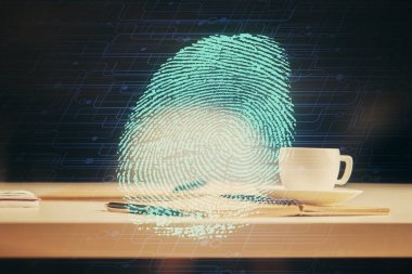 Masaüstünde kahve ve masa arkasında eşyalar olan parmak izi çizimlerine çift pozlama. Güvenlik kavramı.