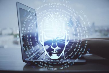 Bilgisayar ve beyin hologramı çizimleri üzerinde çalışan çok sayıda kadın eli var. Ai kavramı.