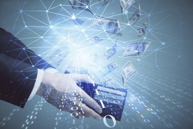 Teknolojiye çoklu maruz kalma hologram, dolar banknotları ve insan eli. Veri kavramı
