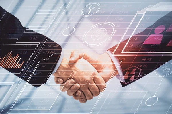 Double Exposure Data Theme Hologram Handshake Two Men Partnership Industry — Stock Photo, Image