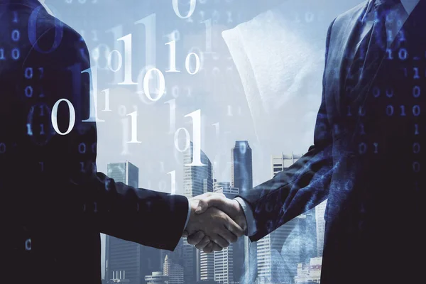 Doppelbelichtung Des Datenthemas Hologramm Und Handschlag Zweier Männer Partnerschaft Branchenkonzept — Stockfoto