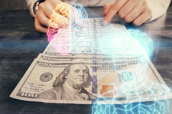 Wielokrotna Ekspozycja Okularów Rysunek Hologram Usa Dolarów Rachunki Ręce Człowieka — Zdjęcie stockowe