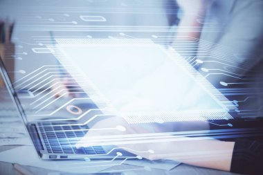 Bilgisayar ve veri temalı hologram çizimlerinde çalışan kadın elleri çift pozlama. Teknoloji kavramı.