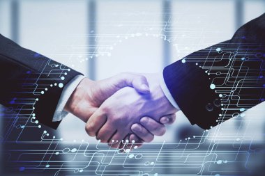 İki kişinin veri temalı hologramı ve el sıkışması. Bilişim endüstrisi konseptinde ortaklık.