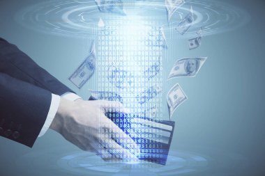 Teknolojiye çoklu maruz kalma hologram, dolar banknotları ve insan eli. Veri kavramı